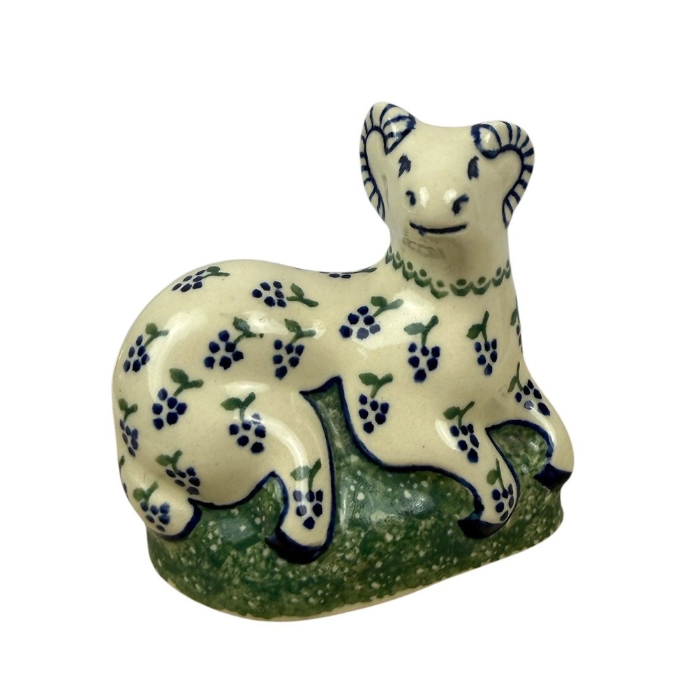 Polish Pottery Ram Small Cream Blue Grape & Leaf Pattern Hand Made in Poland